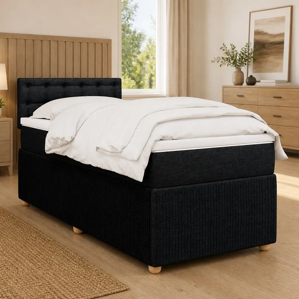 King Single Box Spring Bed Black Fabric Frame Pocket Spring Mattress Slats