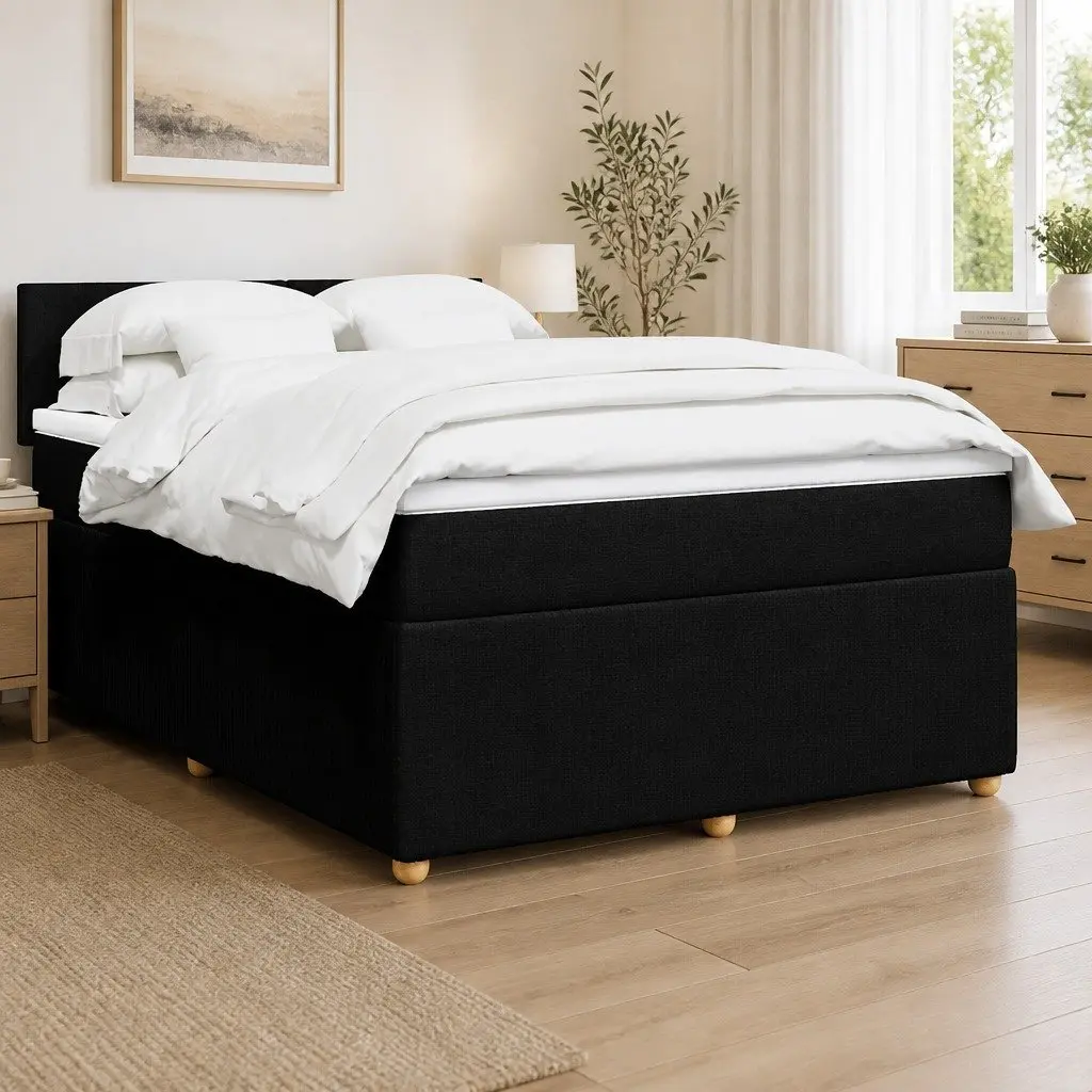 Double Box Spring Bed Black Fabric Frame Pocket Spring Mattress Double Size