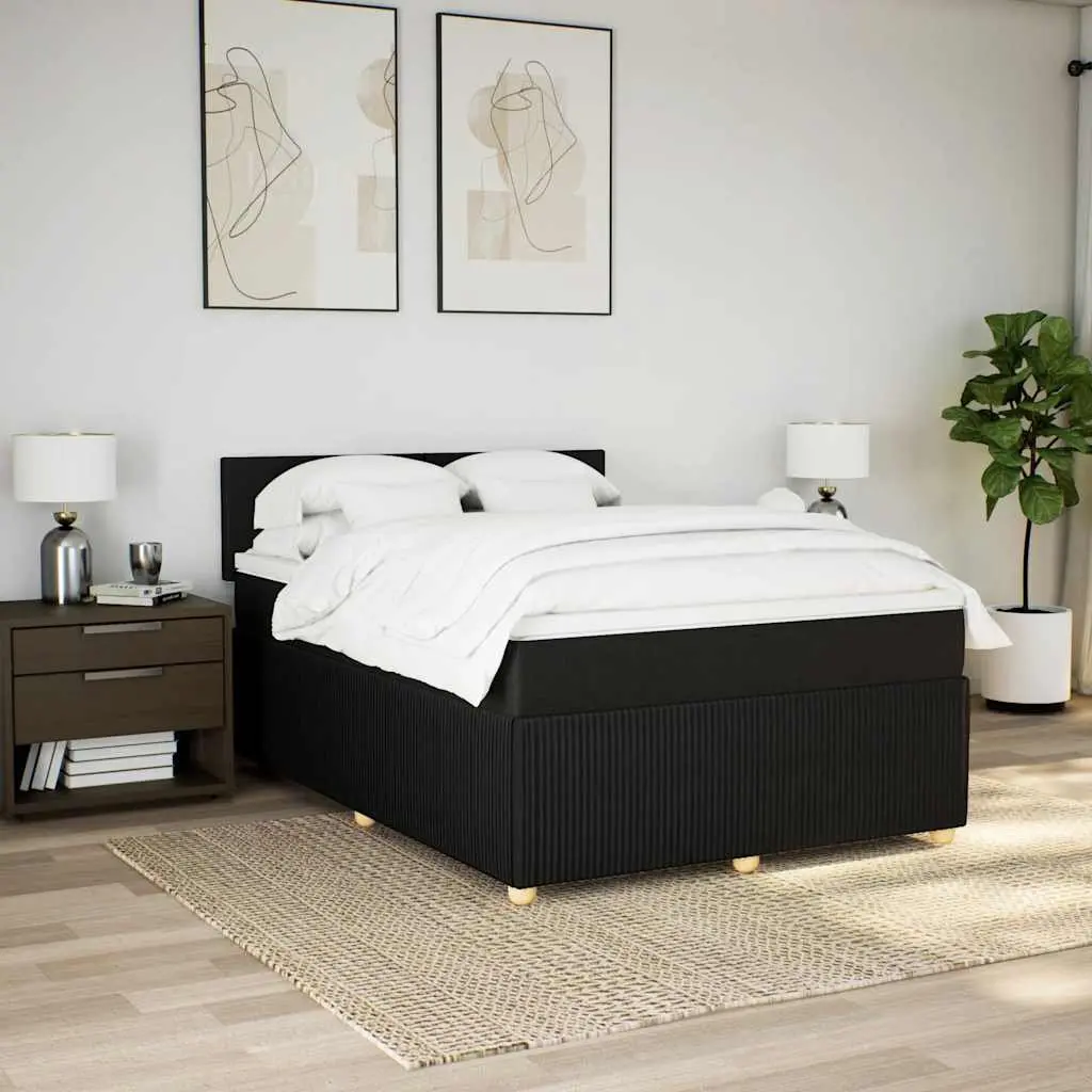 Double Box Spring Bed Black Fabric Frame Pocket Spring Mattress Double Size