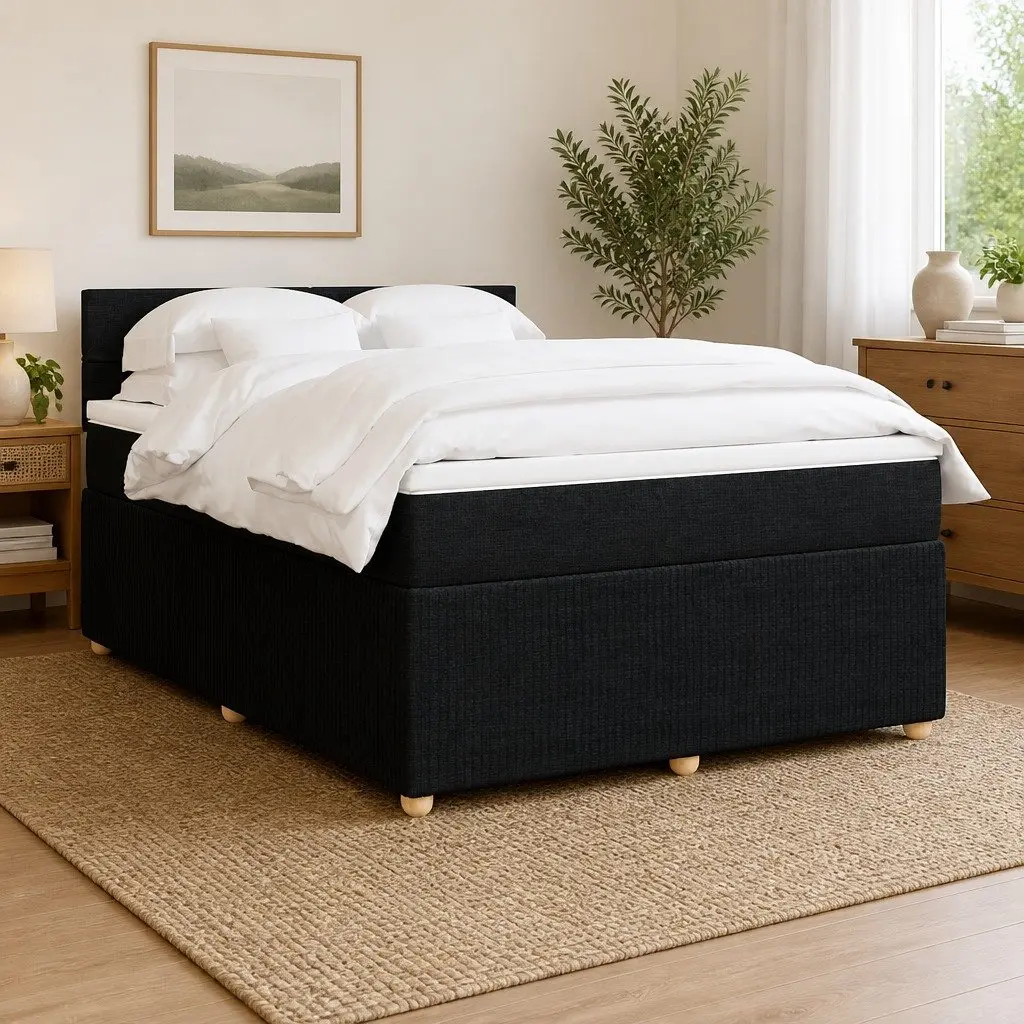 Double Box Spring Bed Black Fabric Frame Pocket Spring Mattress