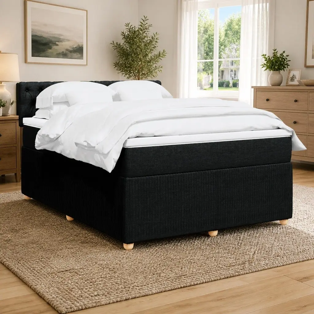 Double Box Spring Bed with Pocket Spring Mattress Double Black Fabric Frame