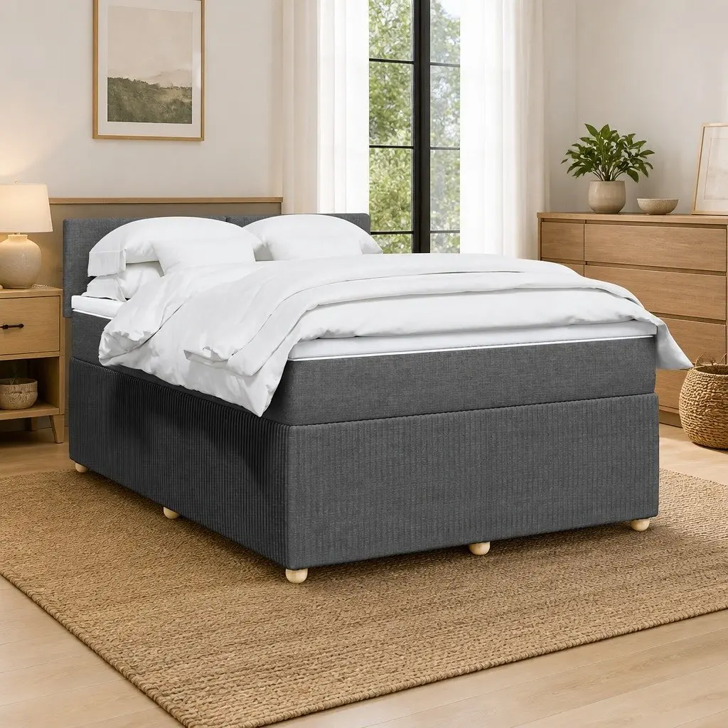 Queen Box Spring Bed Dark Grey Fabric Frame Pocket Spring Mattress Slats Support