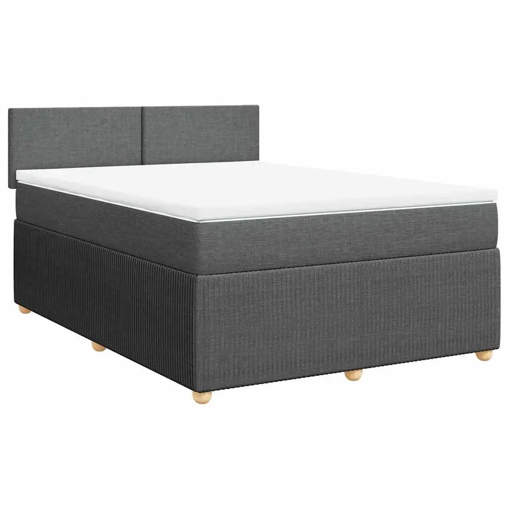 Queen Box Spring Bed Dark Grey Fabric Frame Pocket Spring Mattress Slats Support
