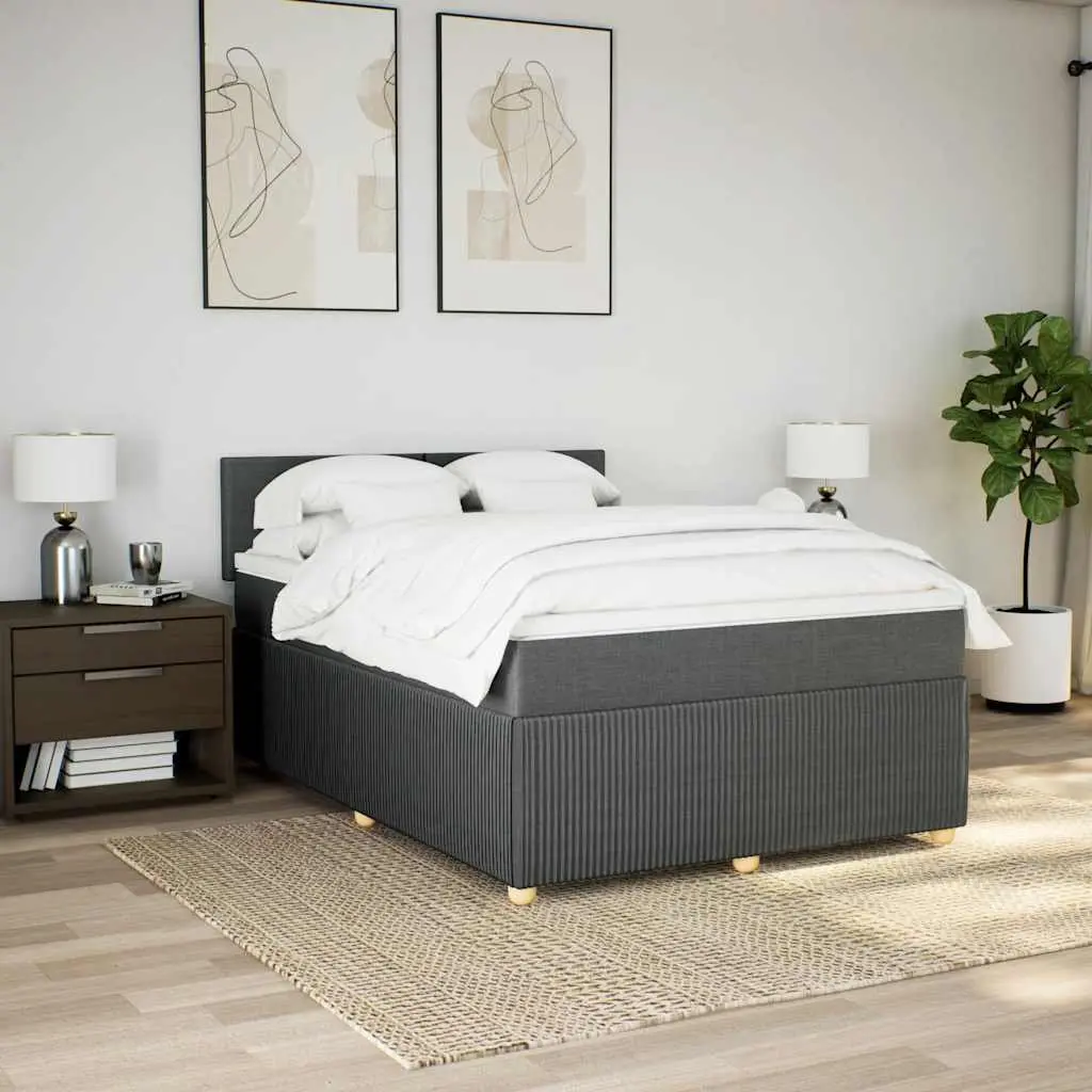 Queen Box Spring Bed Dark Grey Fabric Frame Pocket Spring Mattress Slats Support