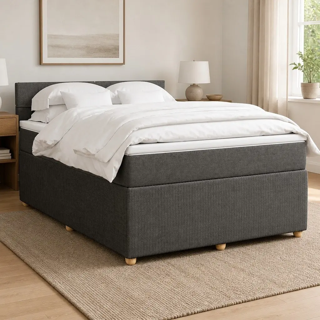 Queen Box Spring Bed Grey Fabric Upholstered Frame Pocket Spring Mattress Slatted Base