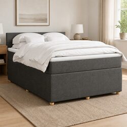 Queen Box Spring Bed with Grey Fabric Upholstered Frame