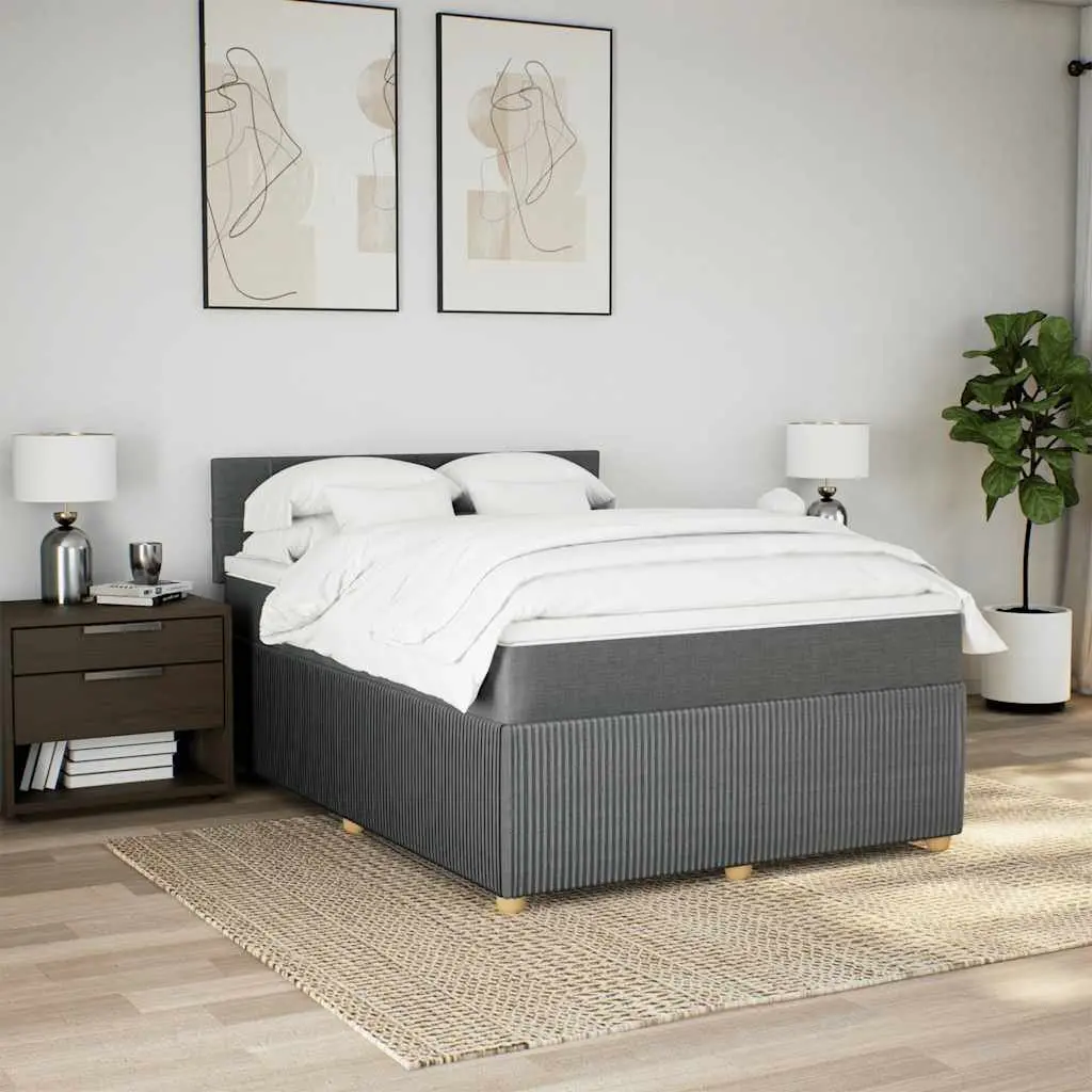 Queen Box Spring Bed Grey Fabric Upholstered Frame Pocket Spring Mattress Slatted Base