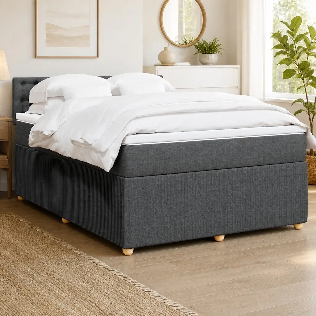 Queen Box Spring Bed Dark Grey Fabric Pocket Spring Mattress