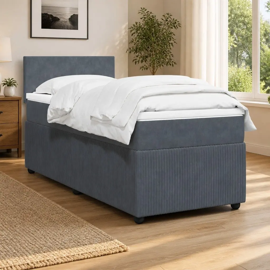 Box Spring Bed King Single Grey Velvet Frame Pocket Spring Mattress