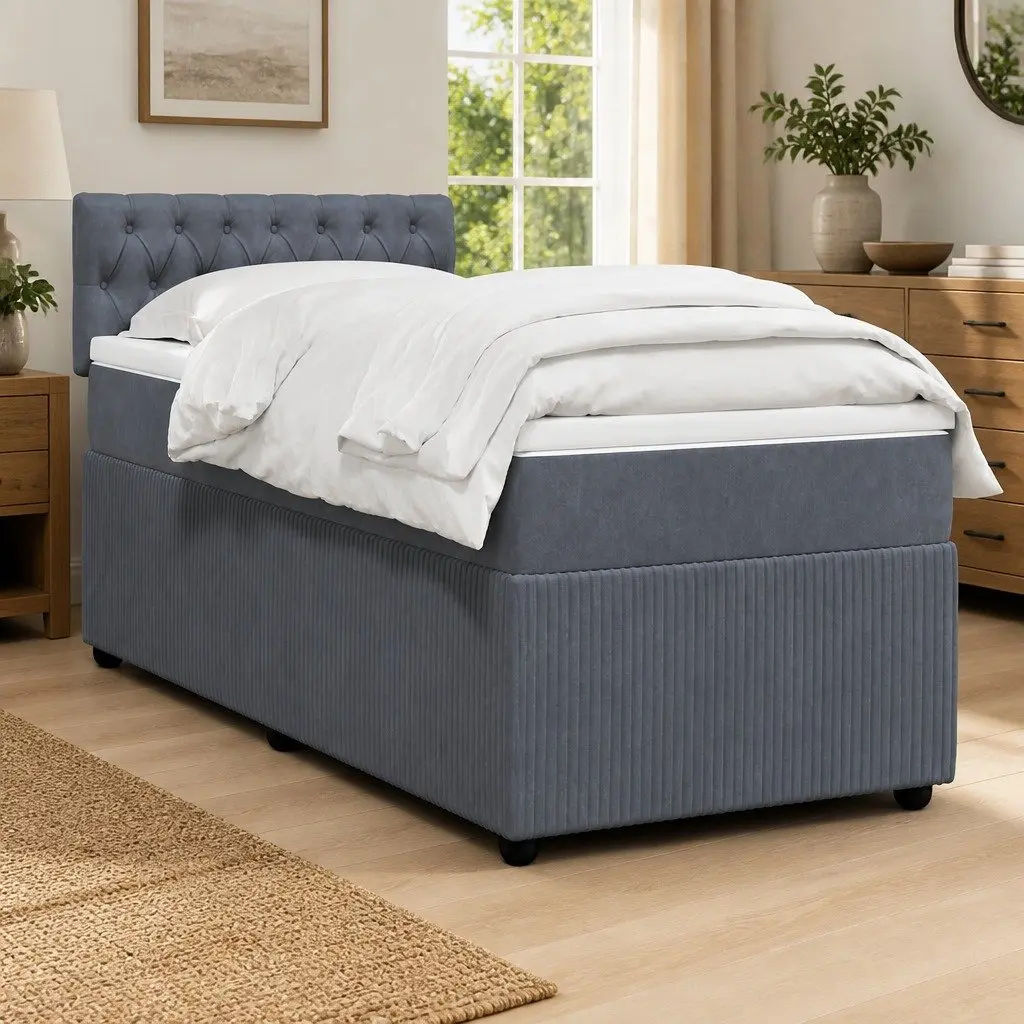 King Single Box Spring Bed Dark Grey Velvet Pocket Spring Mattress