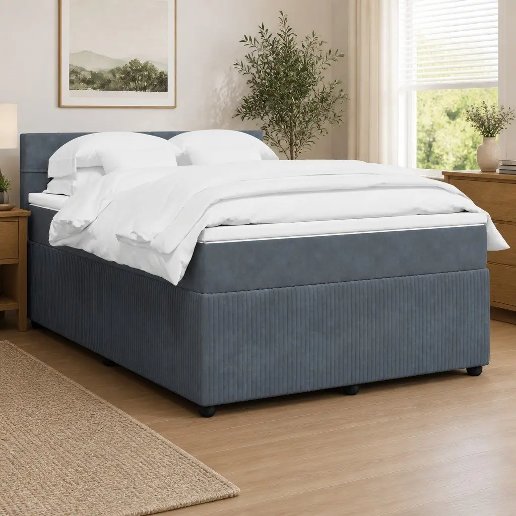 Double Bed Frame Velvet Upholstered Grey Pocket Spring Mattress with Headboard