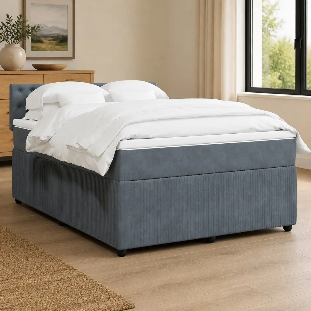 Double Bed Grey Velvet Upholstered Frame with Pocket Spring Mattress
