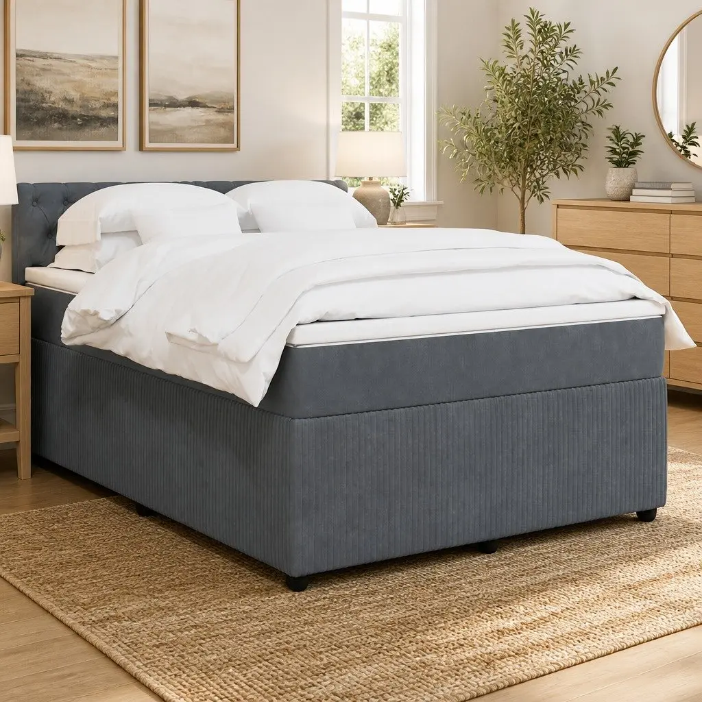 Queen Box Spring Bed Velvet Grey Upholstered Frame Pocket Spring Mattress Slats