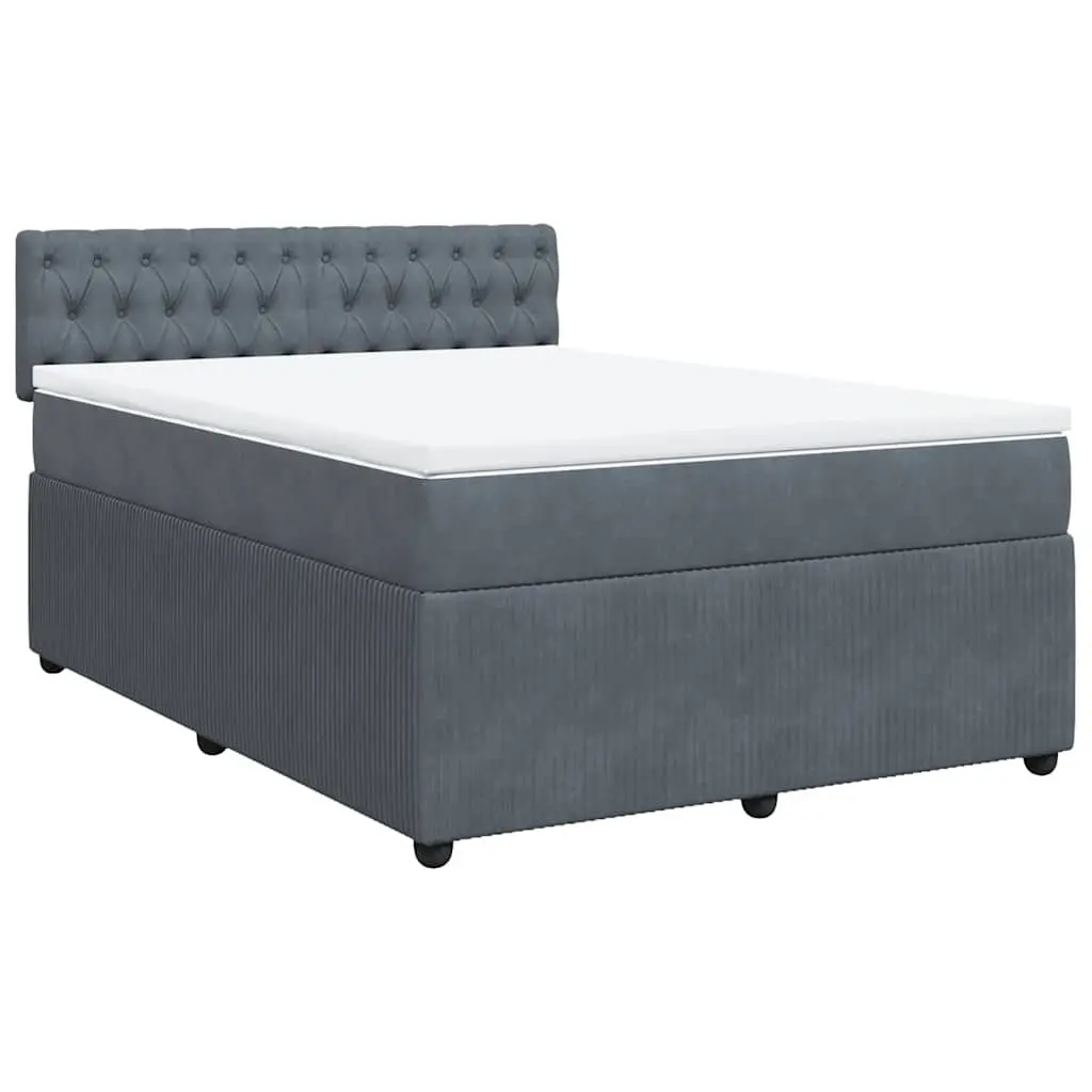 Queen Box Spring Bed Velvet Grey Upholstered Frame Pocket Spring Mattress Slats