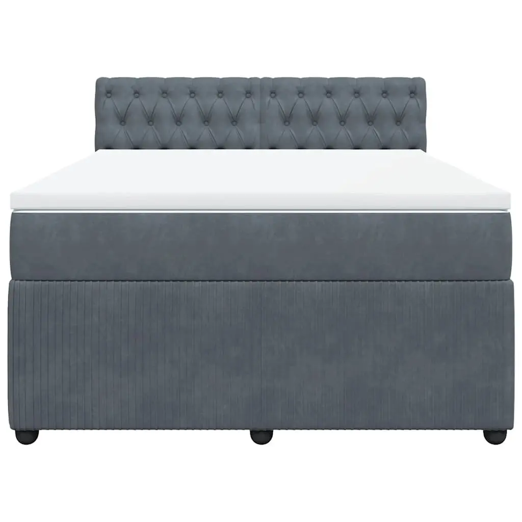 Queen Box Spring Bed Velvet Grey Upholstered Frame Pocket Spring Mattress Slats