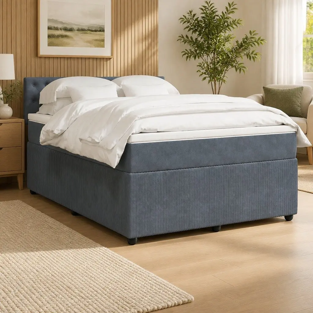Queen Box Spring Bed Grey Velvet Upholstered Frame Pocket Spring Mattress