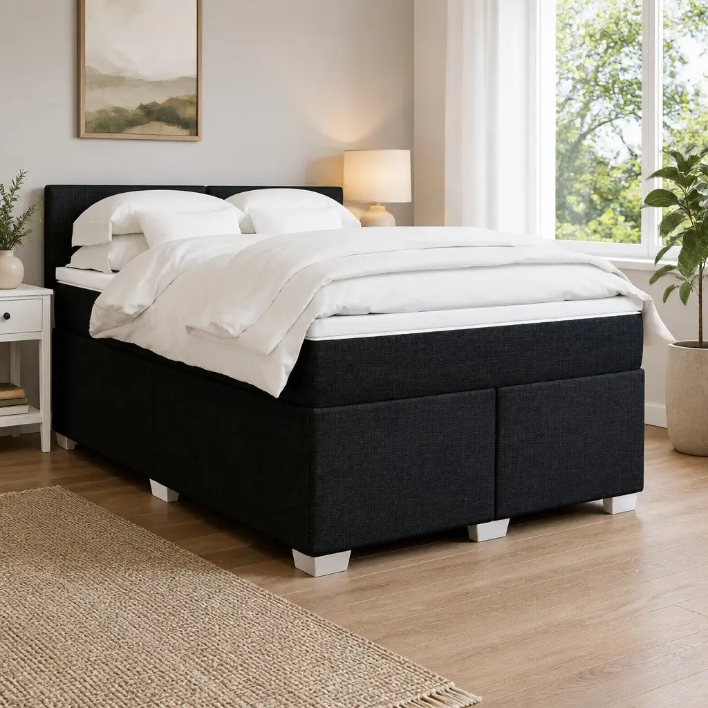Double Box Spring Bed with Pocket Spring Mattress Black Fabric