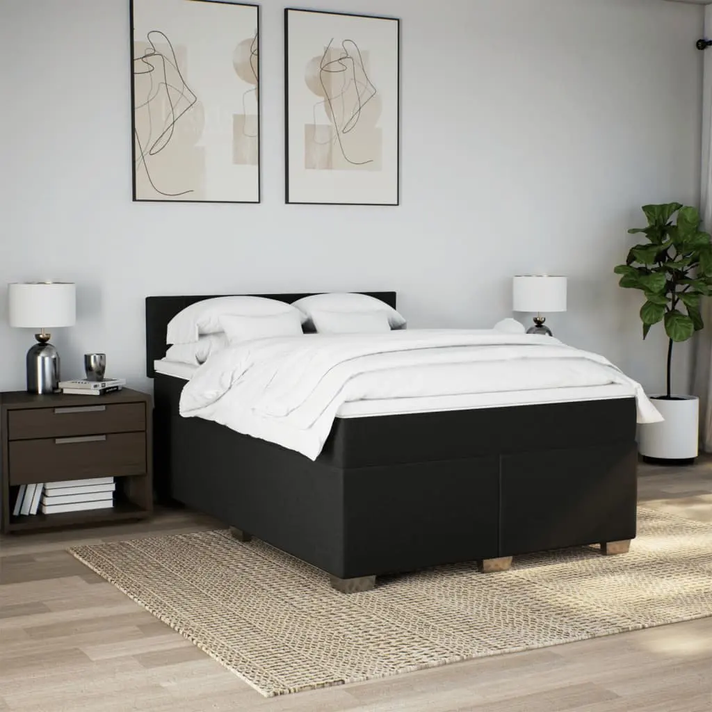 Double Box Spring Bed Black Fabric Double Size with Pocket Spring Mattress and Mattress Topper
