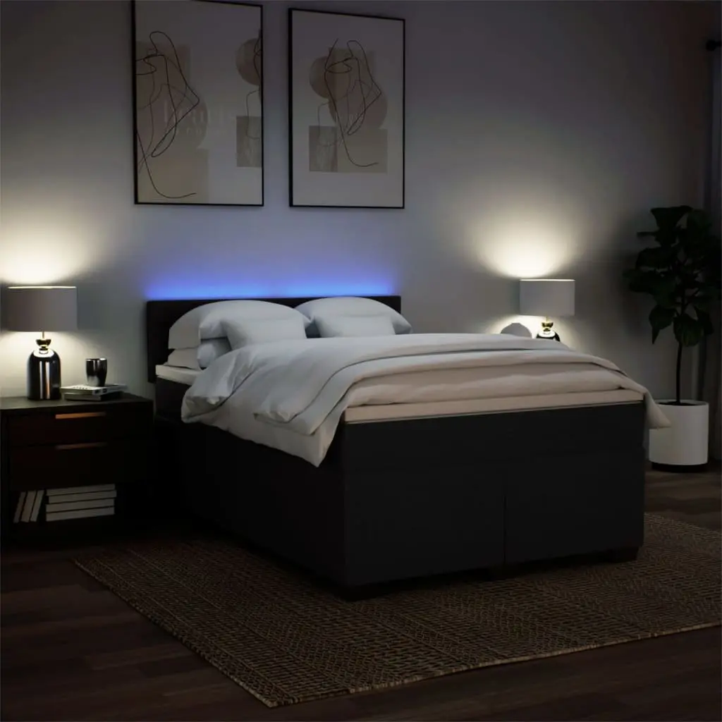 Double Box Spring Bed Black Fabric Double Size with Pocket Spring Mattress and Mattress Topper
