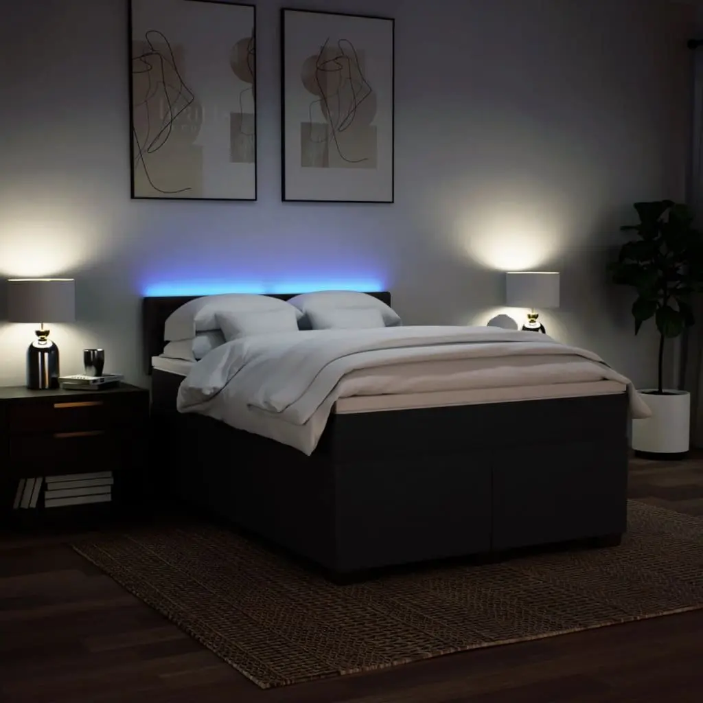 Double Box Spring Bed Black Fabric Pocket Spring Mattress LED Lights