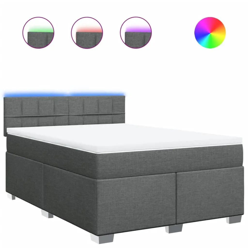 Queen Box Spring Bed Grey Fabric Pocket Sprung Mattress with LED Lights