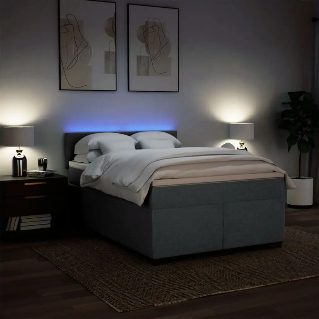 Queen Box Spring Bed Grey Fabric Pocket Sprung Mattress with LED Lights