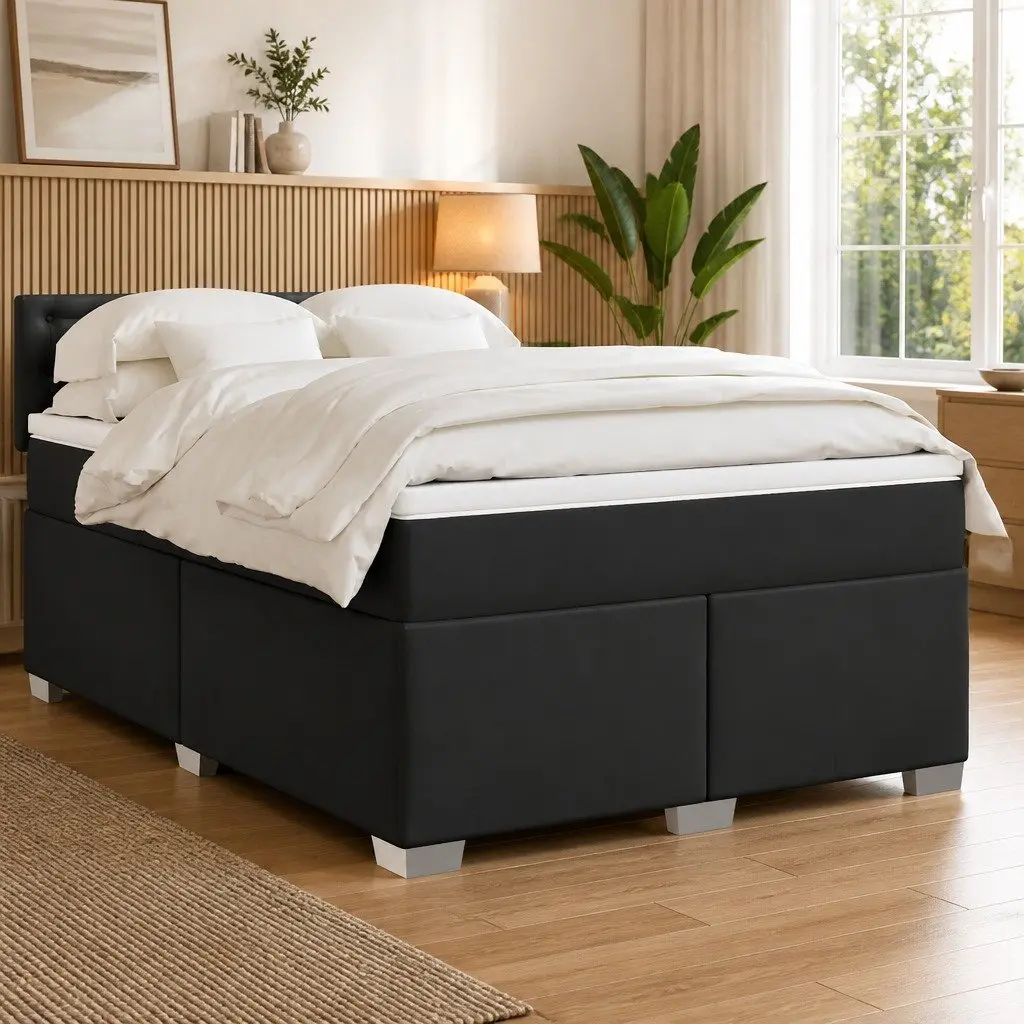 Queen Box Spring Bed Black Faux Leather Pocket Sprung Mattress with LED Lights