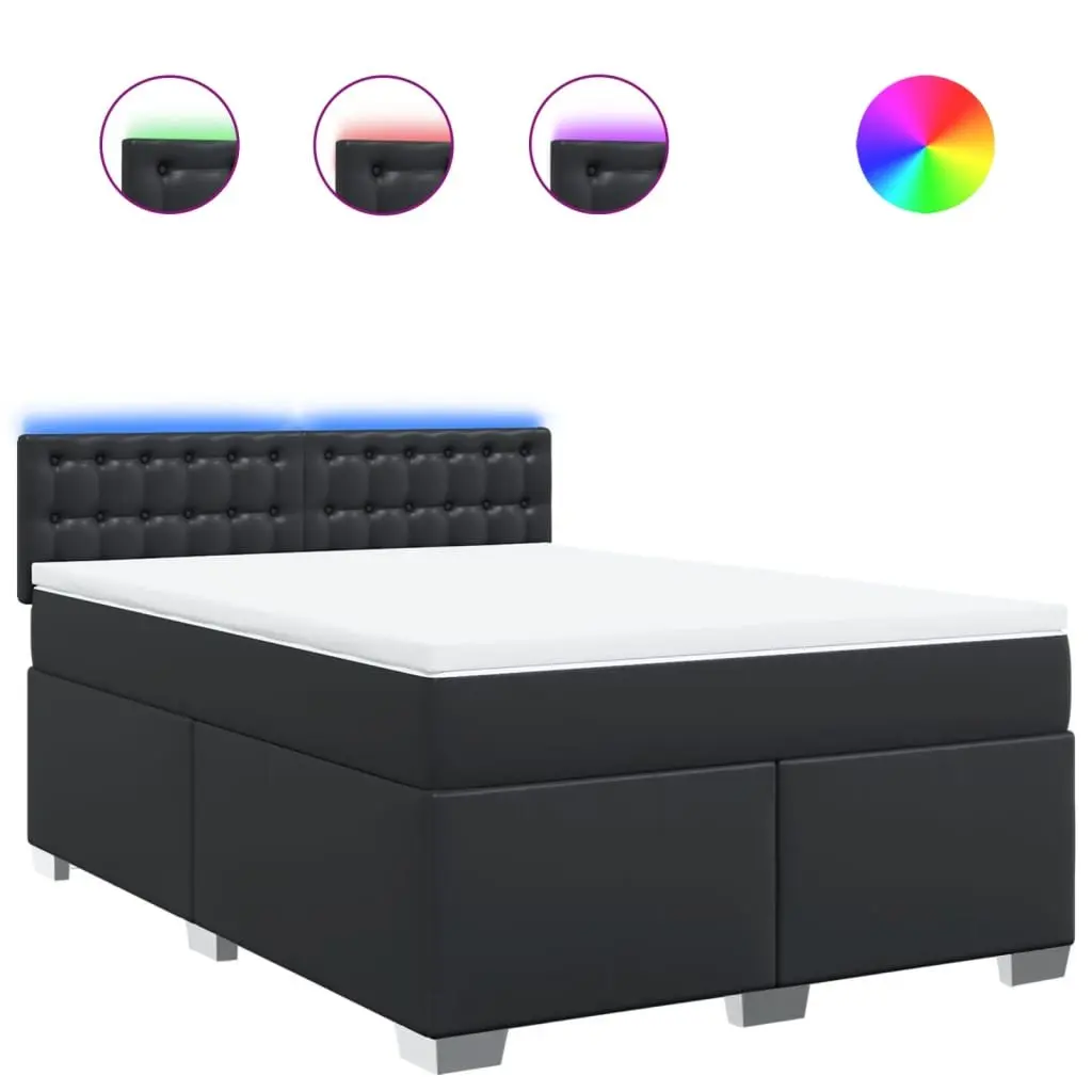 Queen Box Spring Bed Black Faux Leather Pocket Sprung Mattress with LED Lights