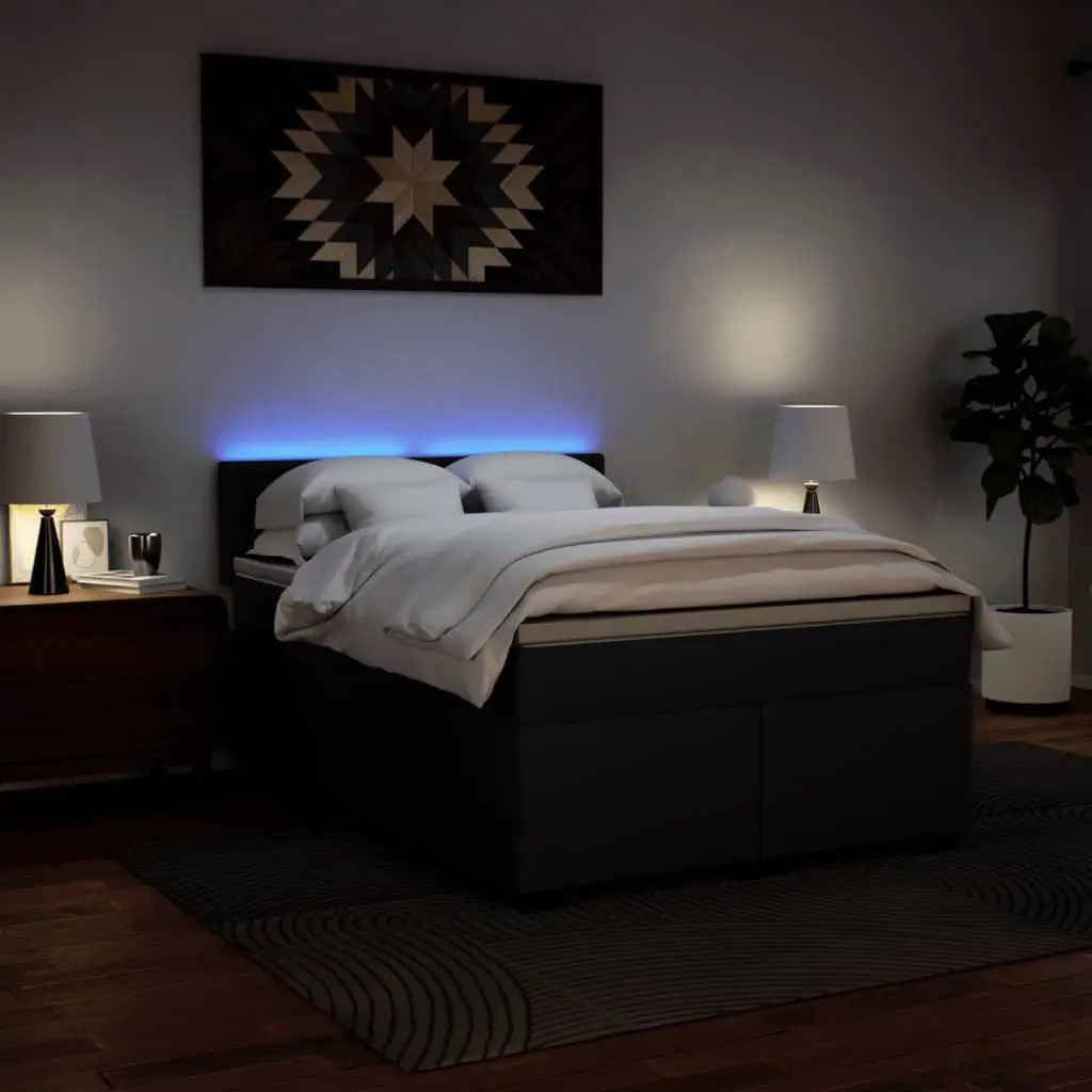 Queen Box Spring Bed Black Faux Leather Pocket Sprung Mattress with LED Lights