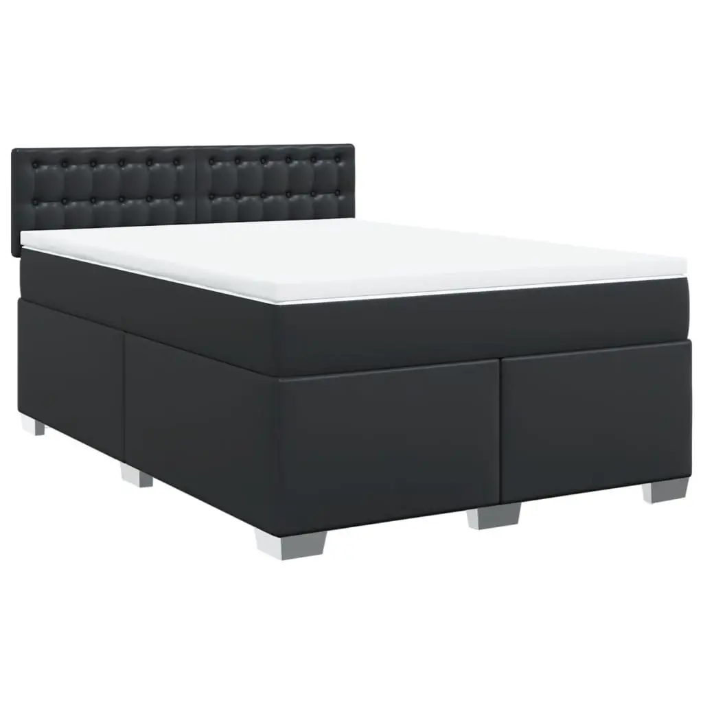Queen Box Spring Bed Black Faux Leather Pocket Sprung Mattress with LED Lights