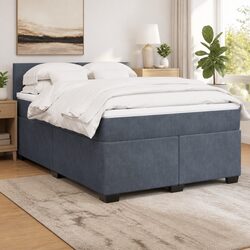 Grey Velvet Double Box Spring Bed with Pocket Mattress and LED Lights