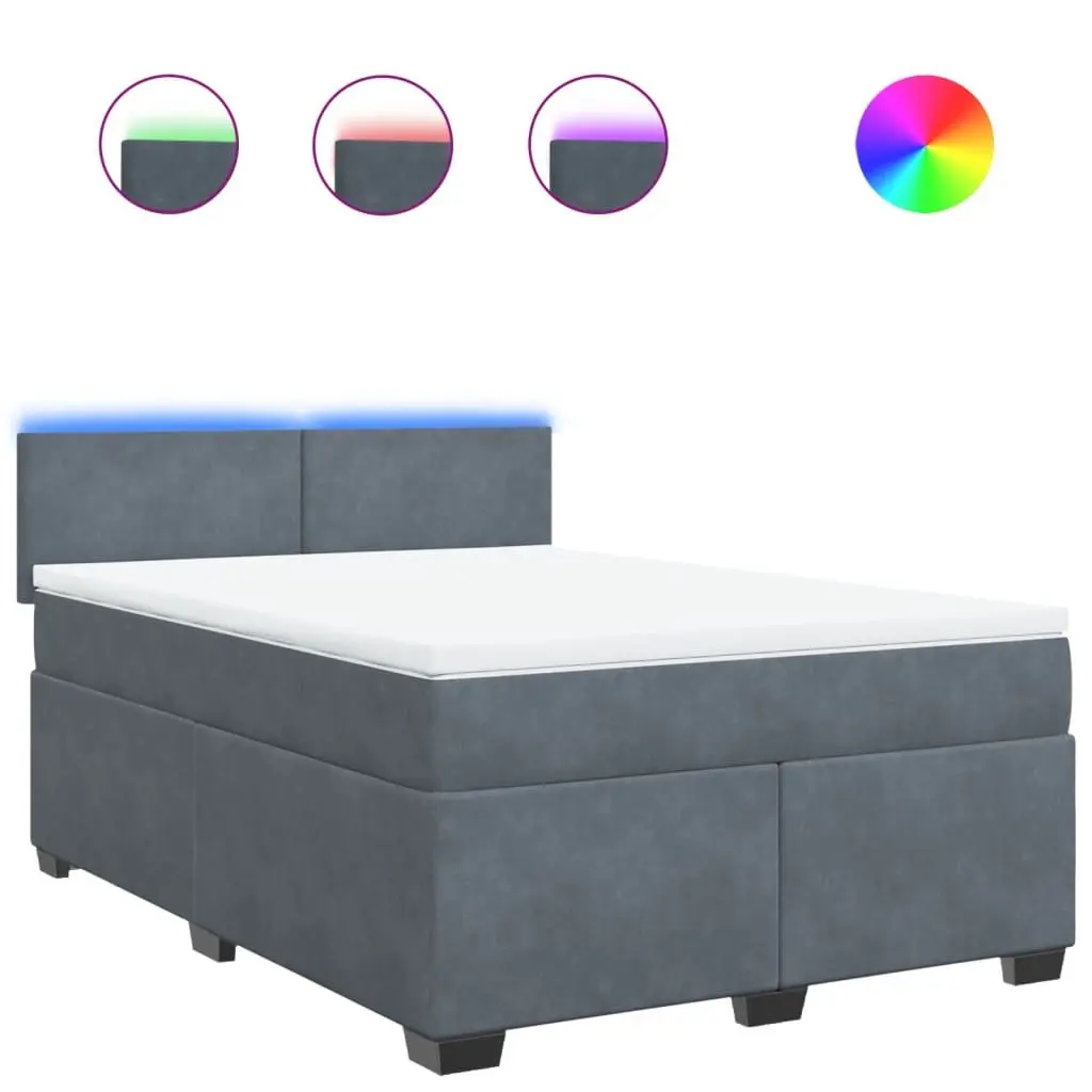 Double Box Spring Bed Grey Velvet Frame Pocket Spring Mattress with Adjustable LED Lights