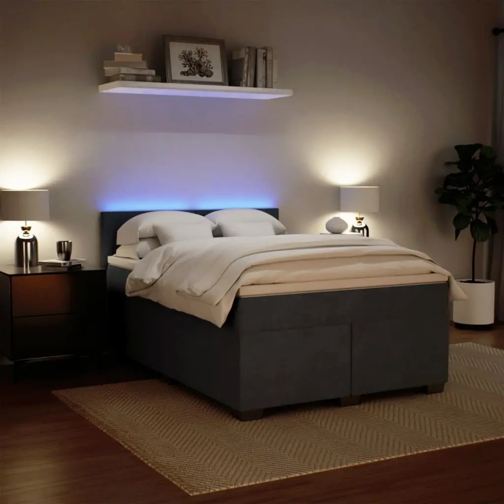 Double Box Spring Bed Grey Velvet Frame Pocket Spring Mattress with Adjustable LED Lights