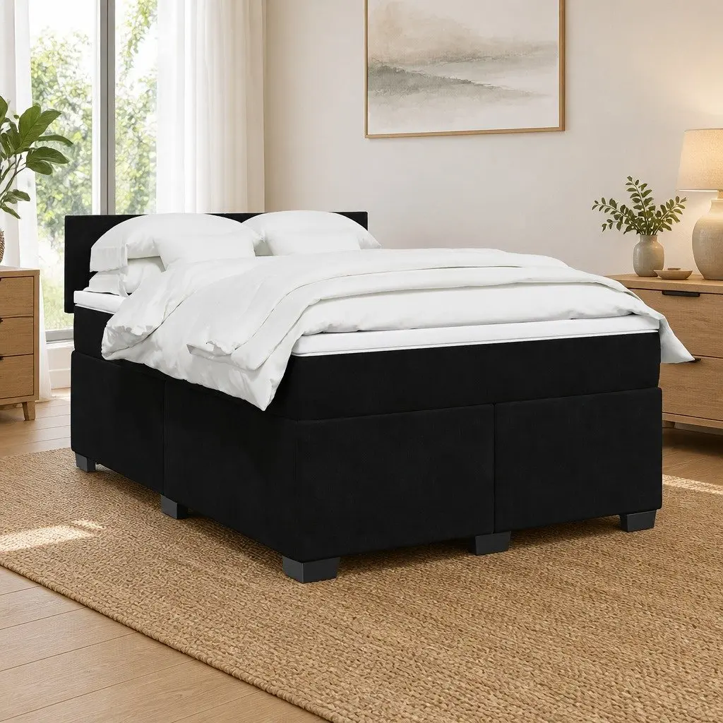Double Box Spring Bed Black Velvet with Pocket Spring Mattress and LED Lights