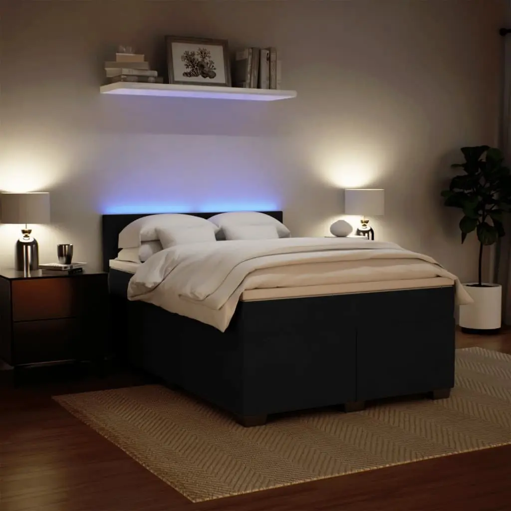 Double Box Spring Bed Black Velvet with Pocket Spring Mattress and LED Lights