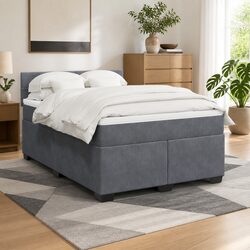 Velvet Double Box Spring Bed with Pocket Mattress & LED
