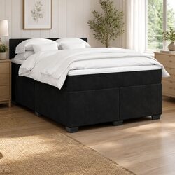 Double Black Velvet Box Spring Bed with Pocket Spring Mattress