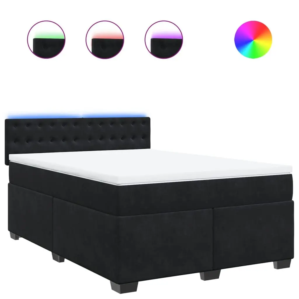 Double Box Spring Bed Black Velvet Upholstered Pocket Spring Mattress with LED Lights