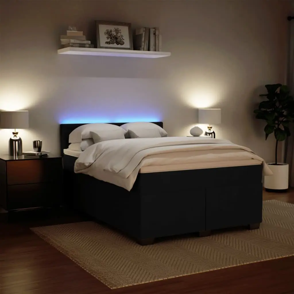 Double Box Spring Bed Black Velvet Upholstered Pocket Spring Mattress with LED Lights