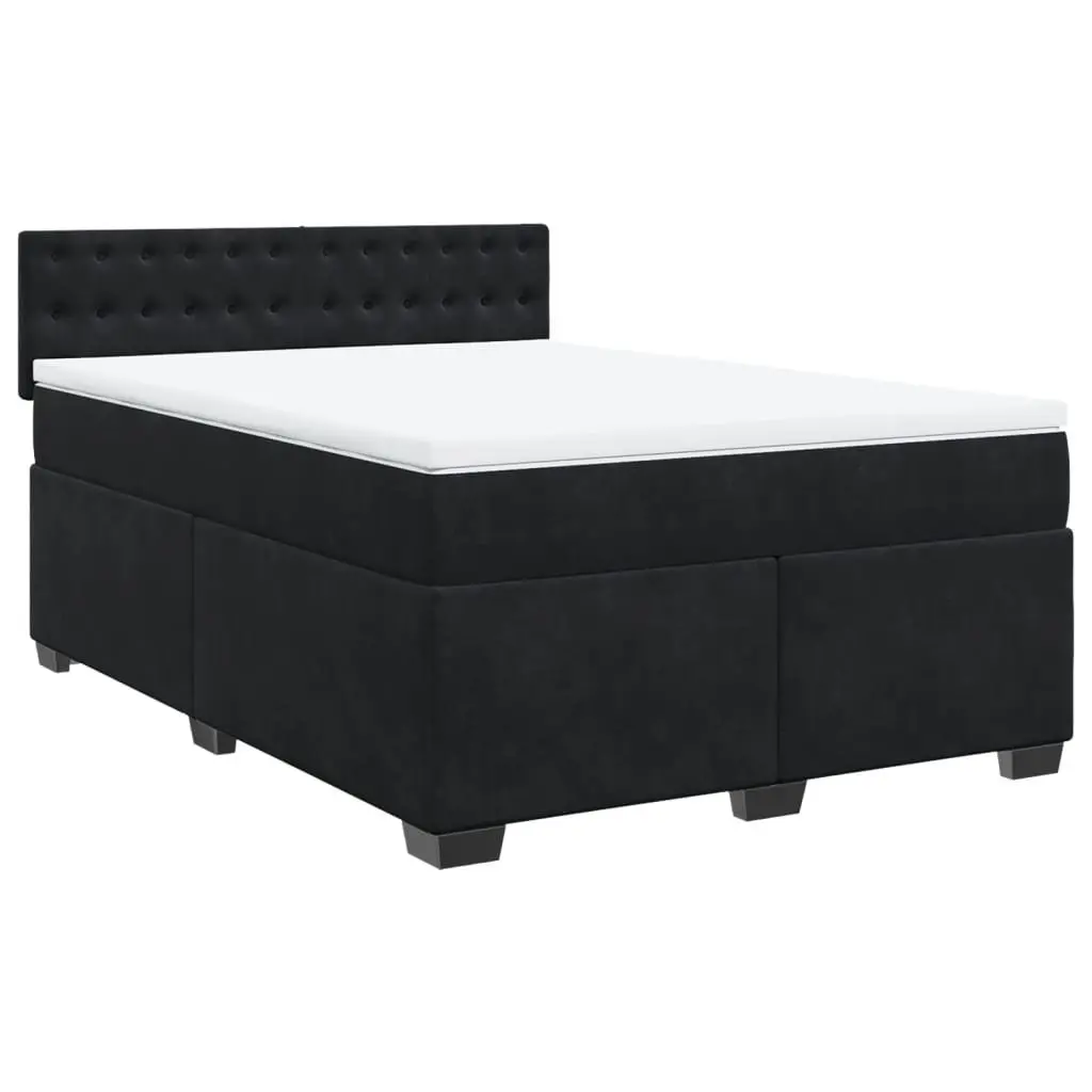 Double Box Spring Bed Black Velvet Upholstered Pocket Spring Mattress with LED Lights