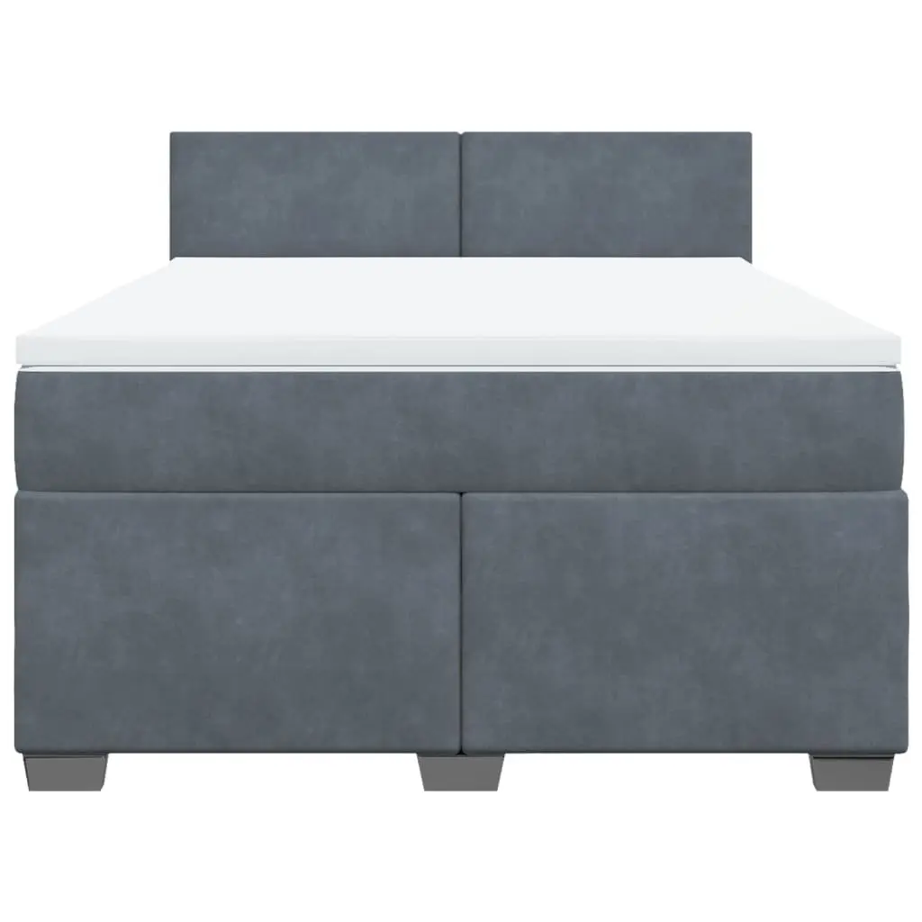 Queen Size Box Spring Bed with Mattress Dark Grey Velvet Fabric and LED Lights