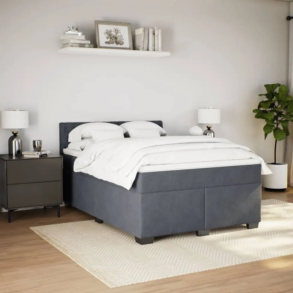 Queen Box Spring Bed Grey Velvet with Pocket Spring Mattress and LED Lights