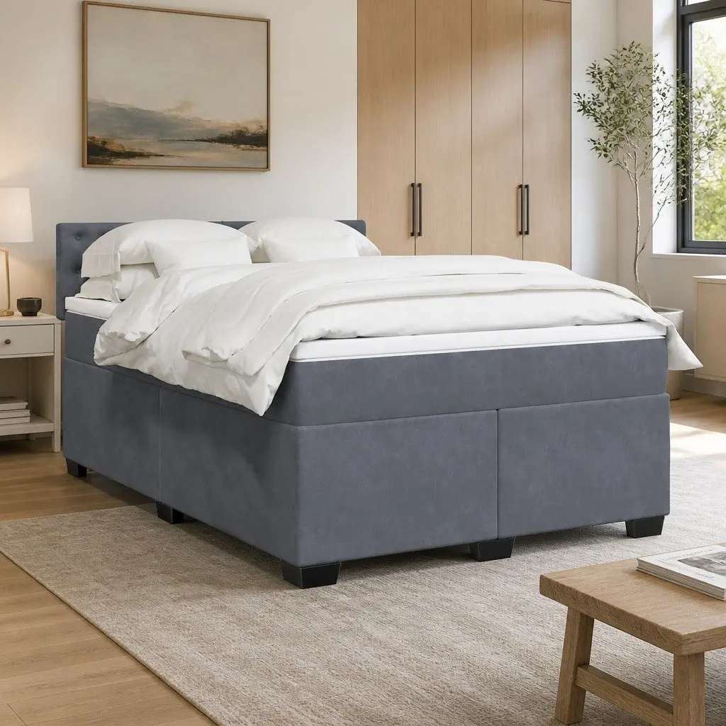 Queen Size Box Spring Bed Grey Velvet Pocket Sprung Mattress with LED Lights