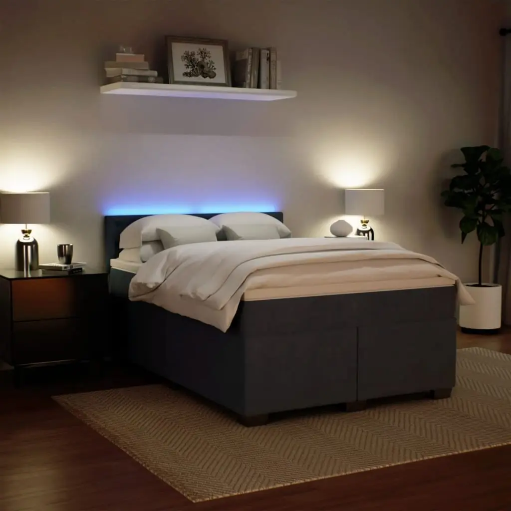Queen Size Box Spring Bed Grey Velvet Pocket Sprung Mattress with LED Lights