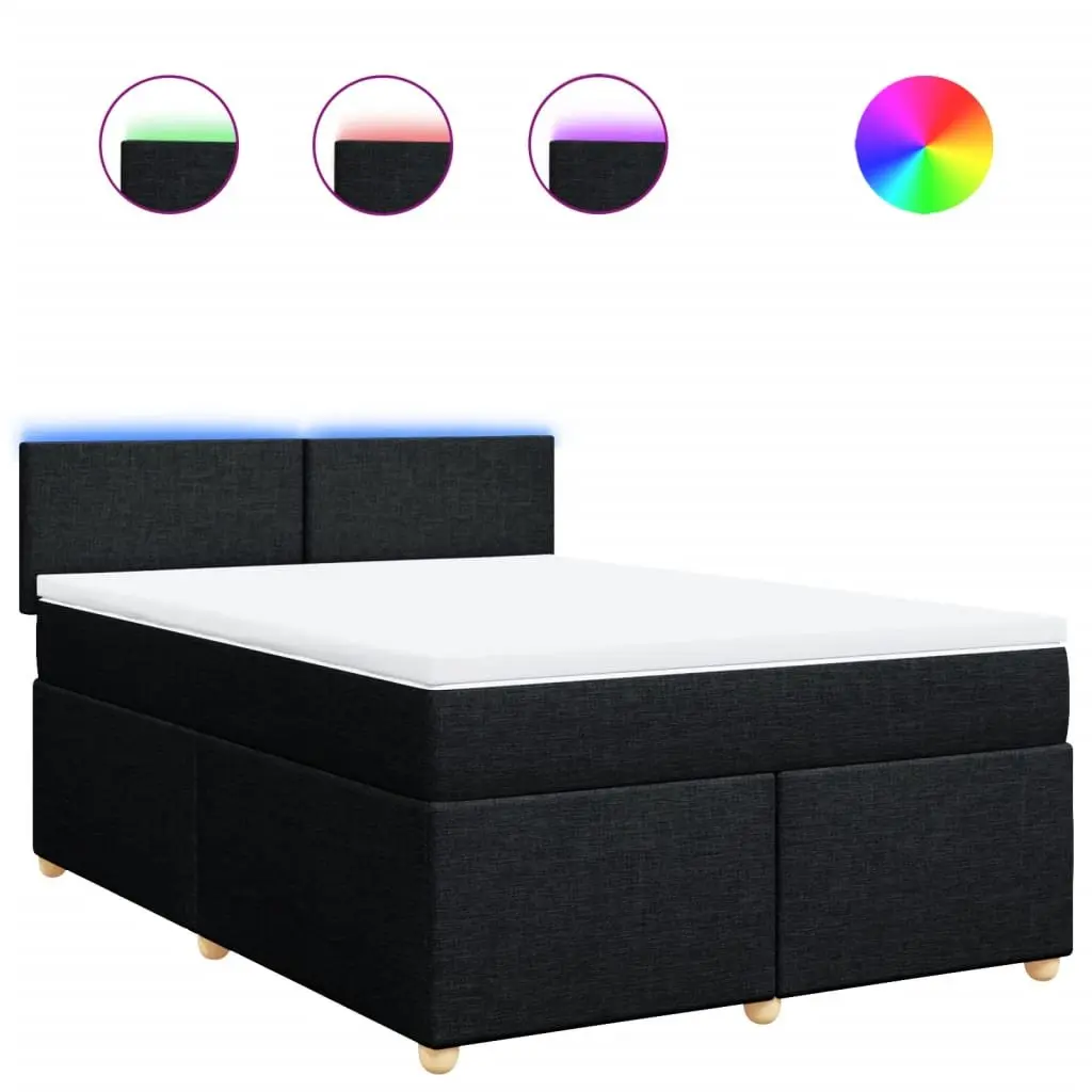 Double Box Spring Bed Black Fabric Pocket Spring Mattress with LED Lights