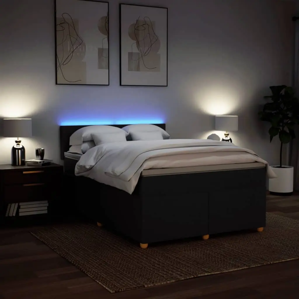Double Box Spring Bed Black Fabric Pocket Spring Mattress with LED Lights