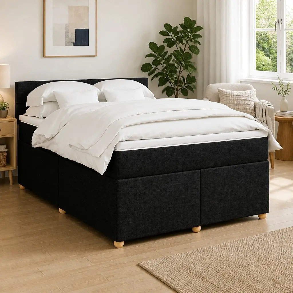 Double Bed Frame with Pocket Spring Mattress Black Fabric Adjustable LED Lights