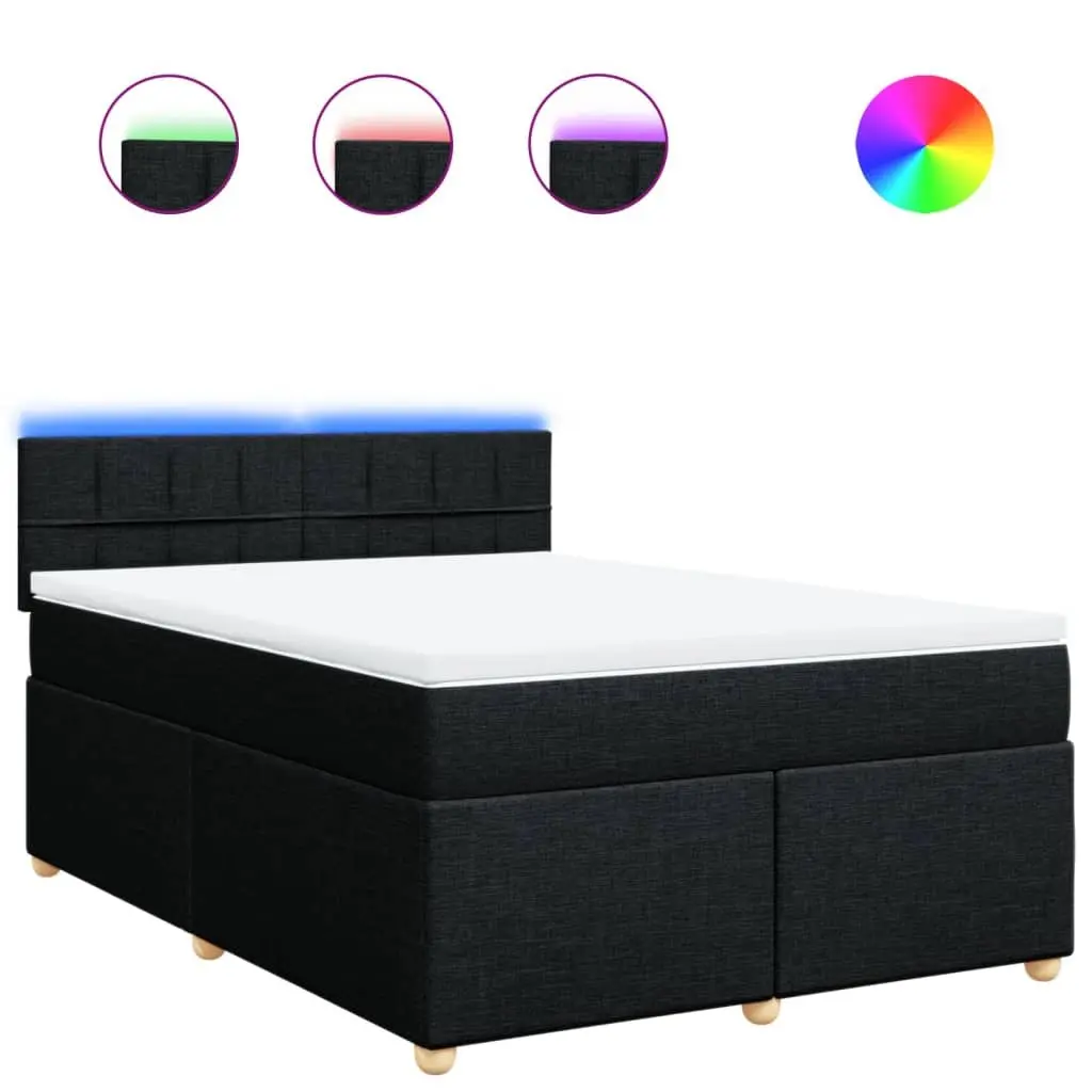 Double Bed Frame with Pocket Spring Mattress Black Fabric Adjustable LED Lights