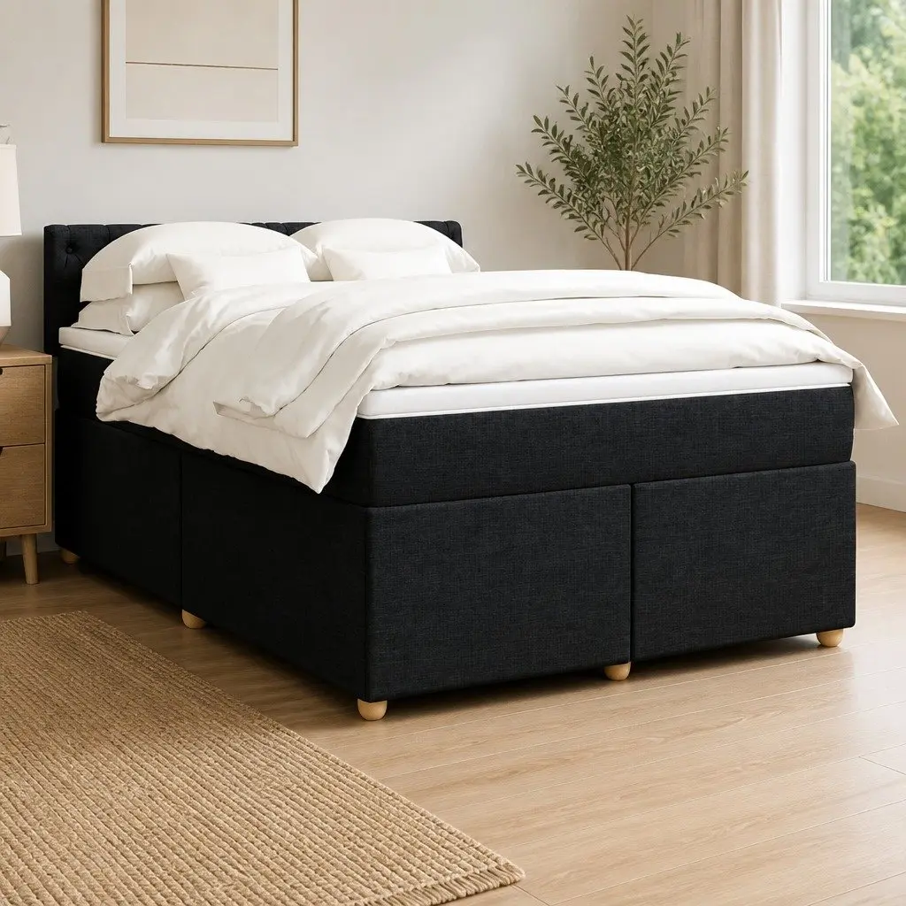 Double Box Spring Bed Black Fabric with Pocket Sprung Mattress and LED Lights