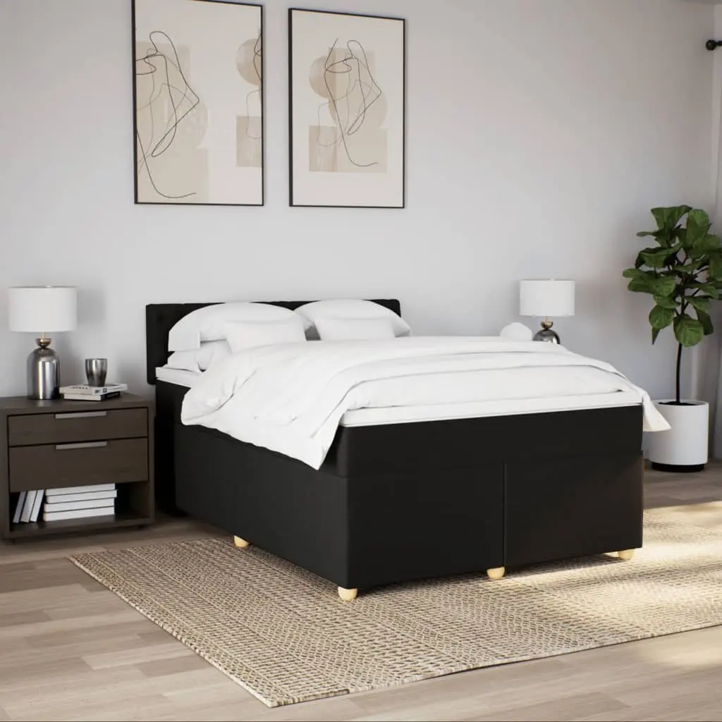 Double Box Spring Bed Black Fabric with Pocket Sprung Mattress and LED Lights